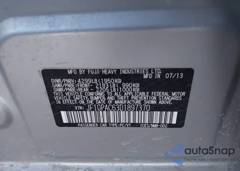 2013 Subaru Impreza 2.0I Premium z USA, uszkodzony, nr VIN JF1GPAC63D1897370